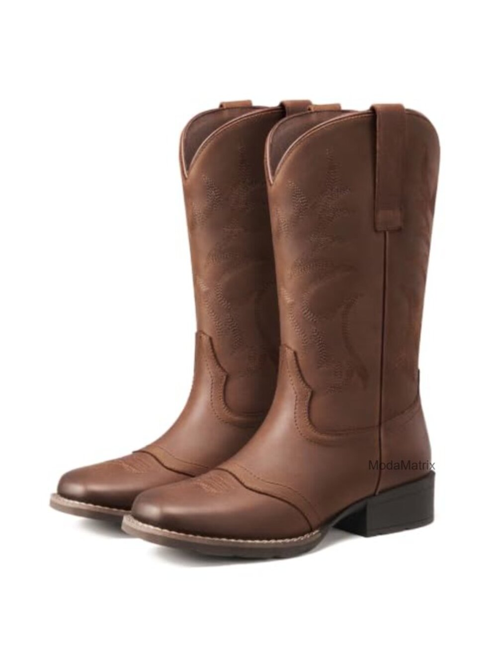 Genuine Leather Cowgirl Boots Square Toe Block Heel Mid Calf Pull On